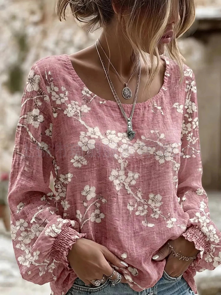 Women's Vintage Boho Floral Print Loose Lantern Sleeve Blouse