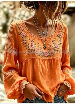 Women's Vintage Boho Floral Print Loose Lantern Sleeve Blouse