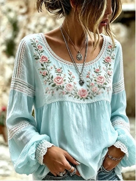 Women's Vintage Boho Floral Print Loose Lantern Sleeve Blouse