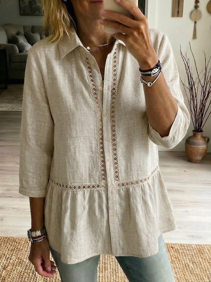 Effortless Bohemian Linen Blend Top with Delicate Hollow-Out Detail