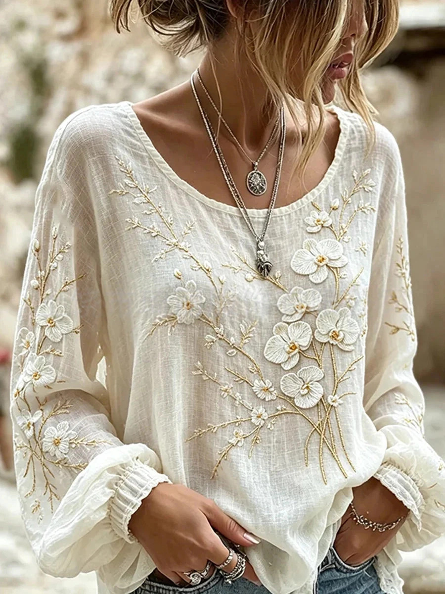 Women's Vintage Boho Floral Print Loose Lantern Sleeve Blouse