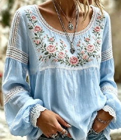 Women's Vintage Boho Floral Print Loose Lantern Sleeve Blouse