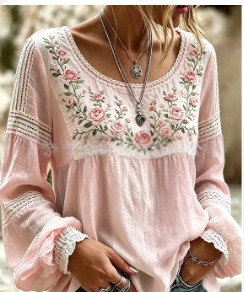 Women's Vintage Boho Floral Print Loose Lantern Sleeve Blouse