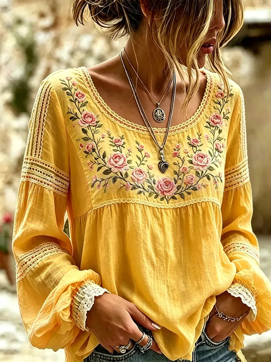 Women's Vintage Boho Floral Print Loose Lantern Sleeve Blouse