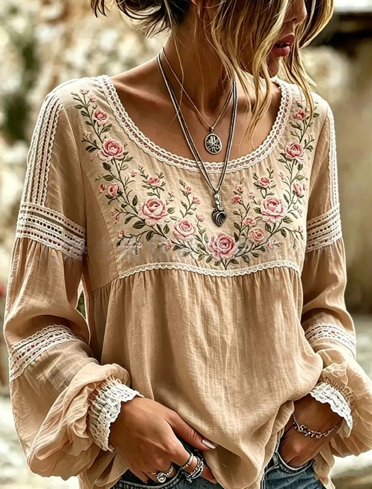 Women's Vintage Boho Floral Print Loose Lantern Sleeve Blouse