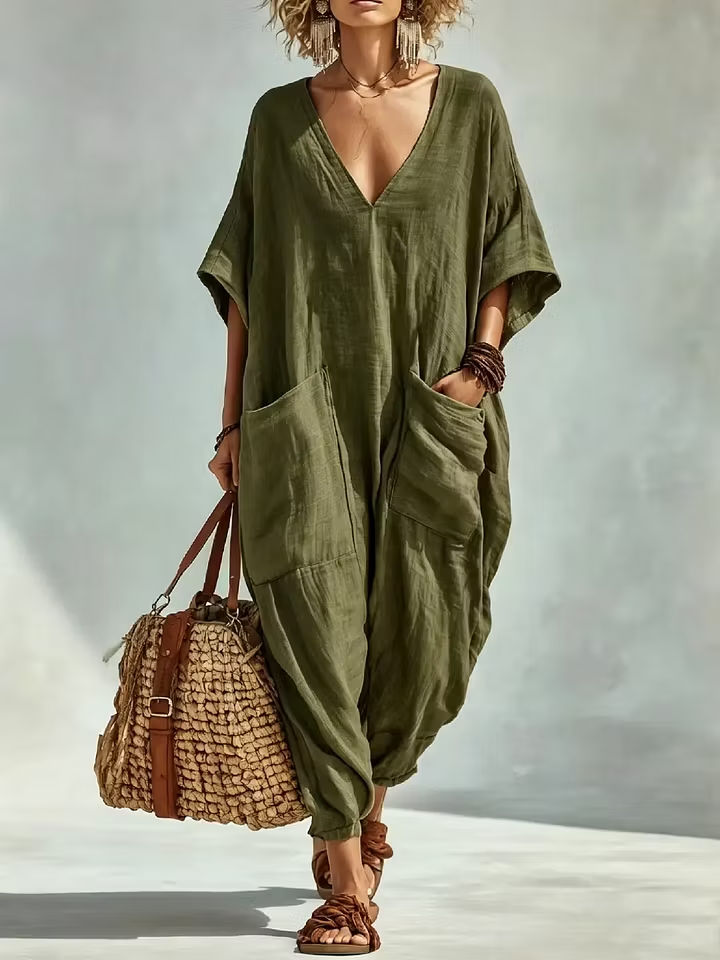 Oversized Linen-look Cotton V-neck Harem Jumpsuit