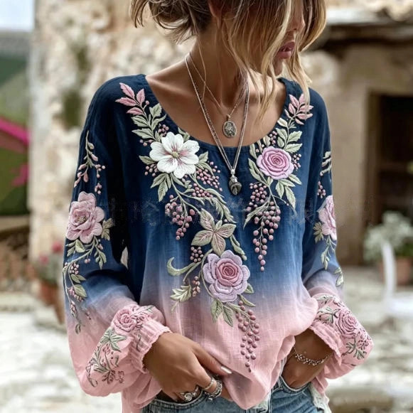 Women's Vintage Boho Floral Print Loose Lantern Sleeve Blouse