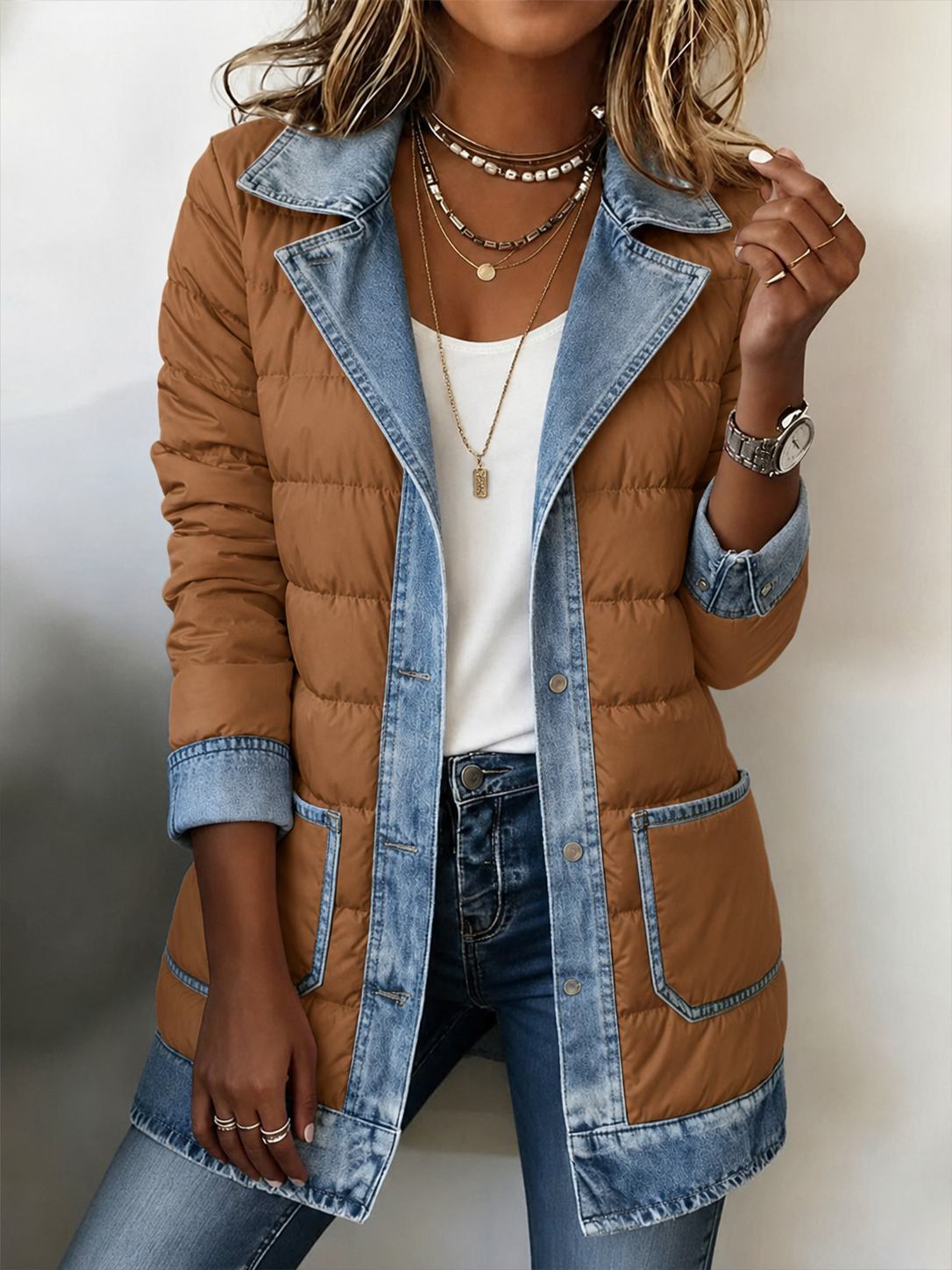 Modern Denim-Spliced Quilted Puffer Jacket