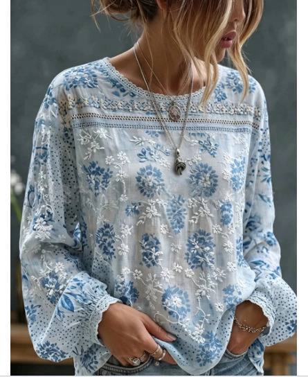 Women's Vintage Boho Floral Print Loose Lantern Sleeve Blouse