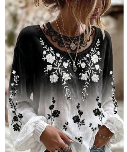 Women's Vintage Boho Floral Print Loose Lantern Sleeve Blouse