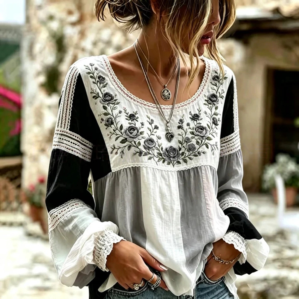 Women's Vintage Boho Floral Print Loose Lantern Sleeve Blouse