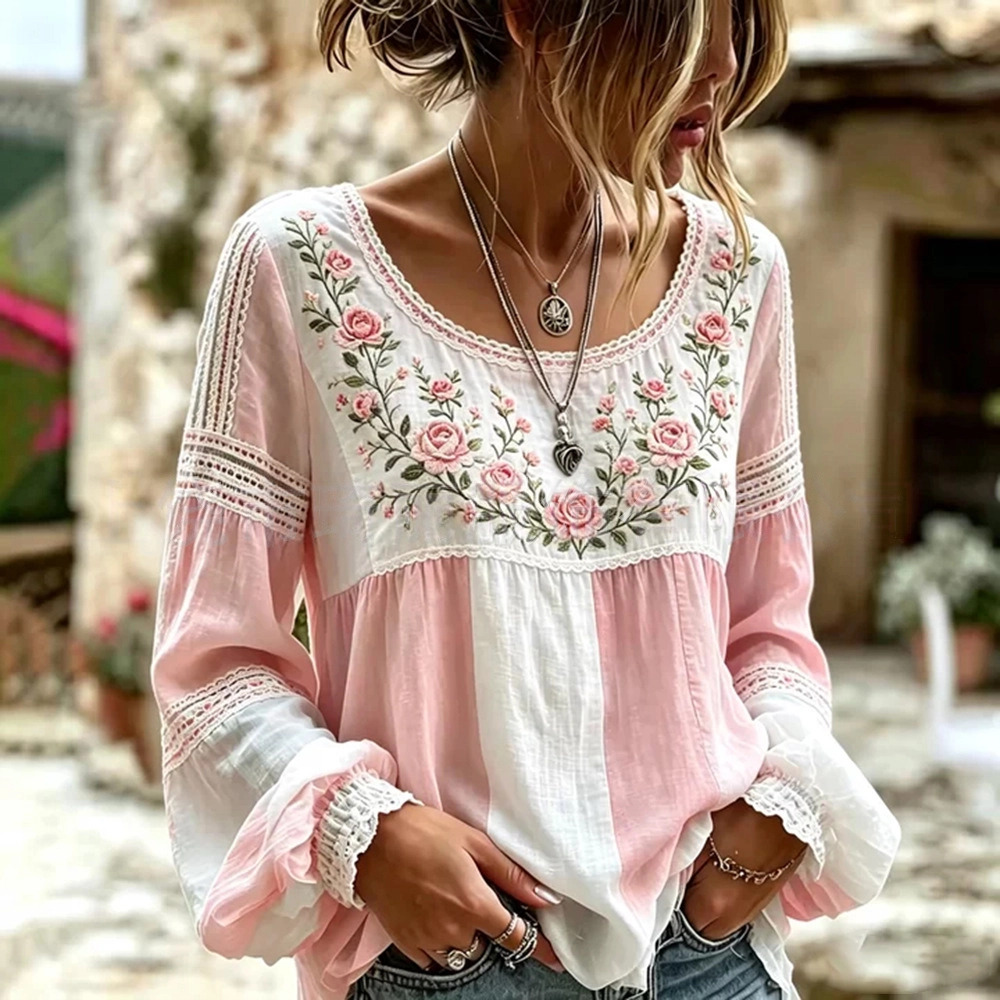 Women's Vintage Boho Floral Print Loose Lantern Sleeve Blouse