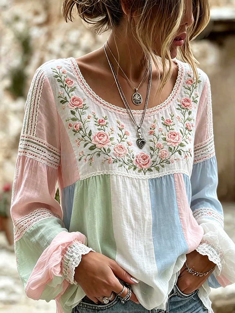 Women's Vintage Boho Floral Print Loose Lantern Sleeve Blouse