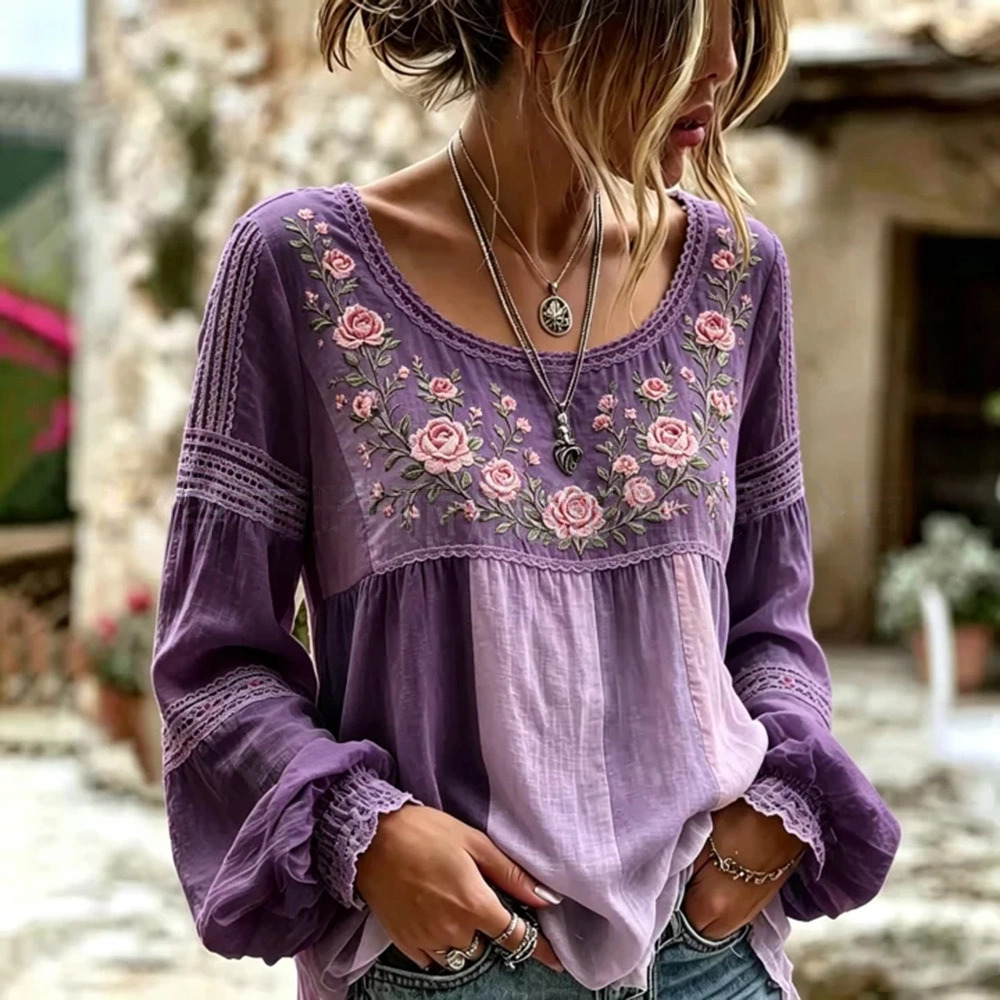 Women's Vintage Boho Floral Print Loose Lantern Sleeve Blouse