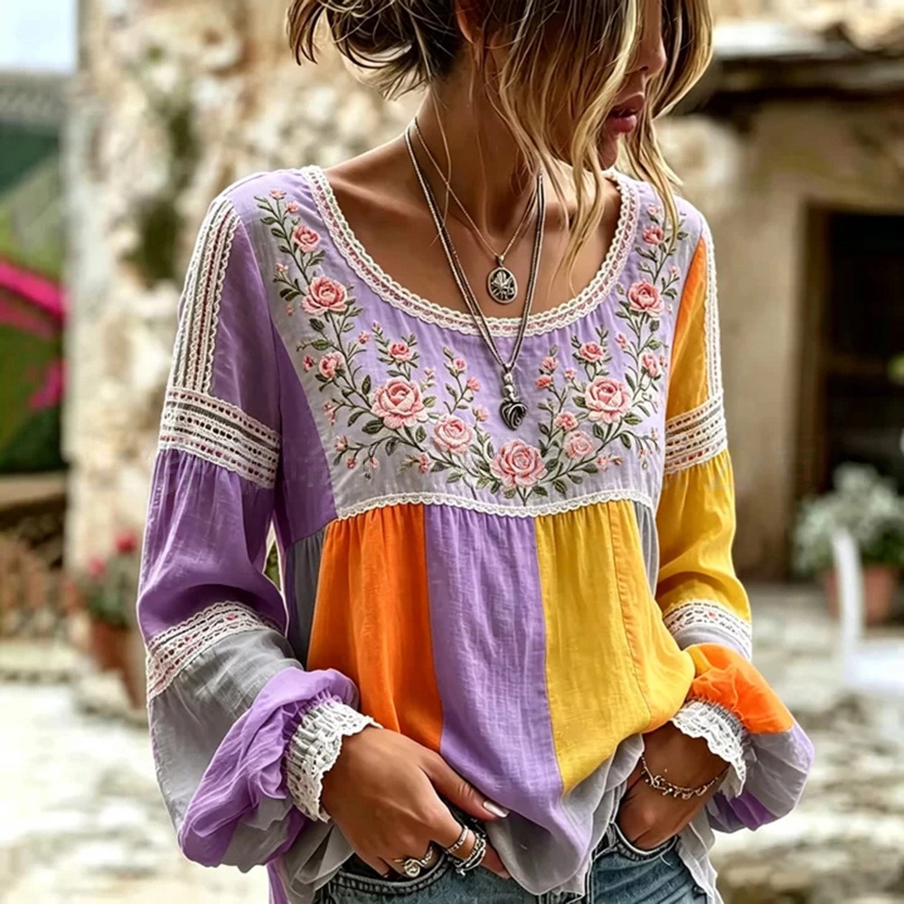 Women's Vintage Boho Floral Print Loose Lantern Sleeve Blouse