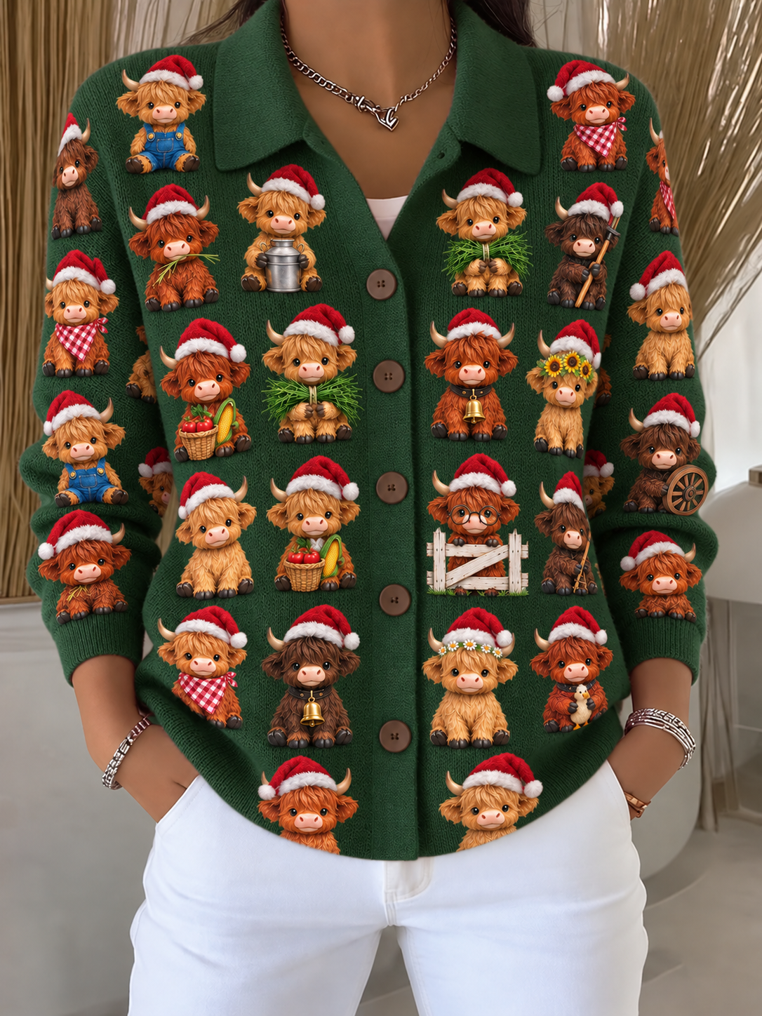Pine Green Highland Cattle Christmas Lapel Cardigan