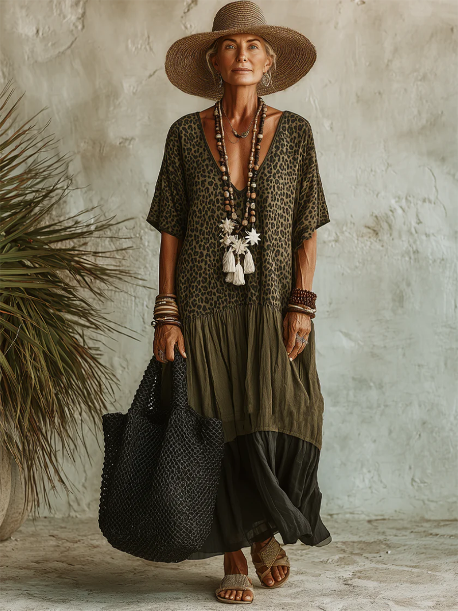 Casual Leopard-print Spliced ​​chiffon & Cotton Dress