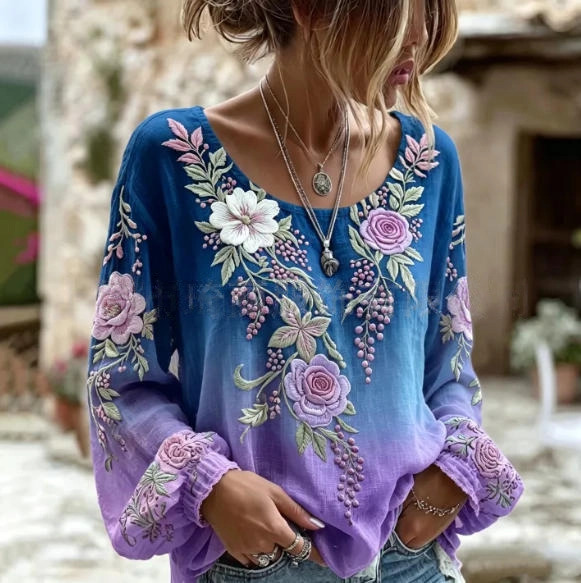 Women's Vintage Boho Floral Print Loose Lantern Sleeve Blouse