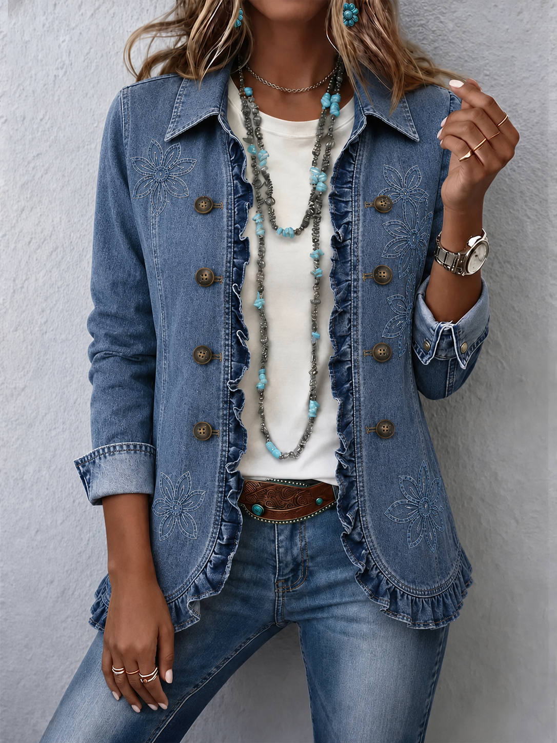 🤲LAST DAY SAVE 49% ⏰Boho-chic Floral Embroidered Utility Ruffled Trim Jacket