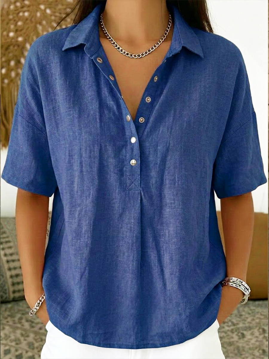 Vintage-Inspired Cotton-Linen Polo Shirt - Soft Textured Casual Top