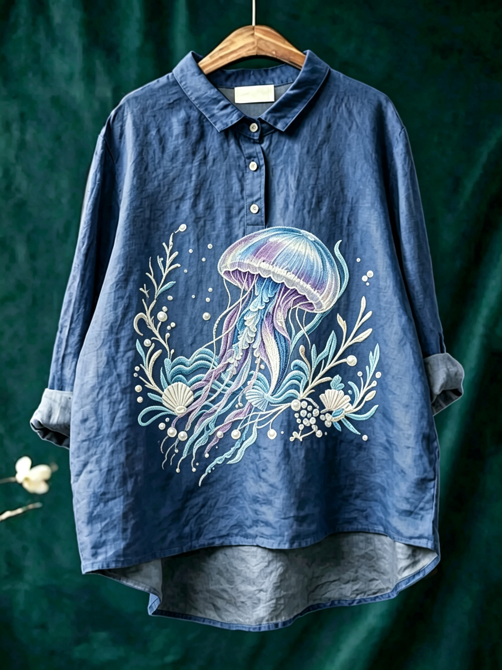 Women's Linen-Blend Shirt with Marine Print – Casual Button-Down Top Featuring Vintage Sea Life Patterns