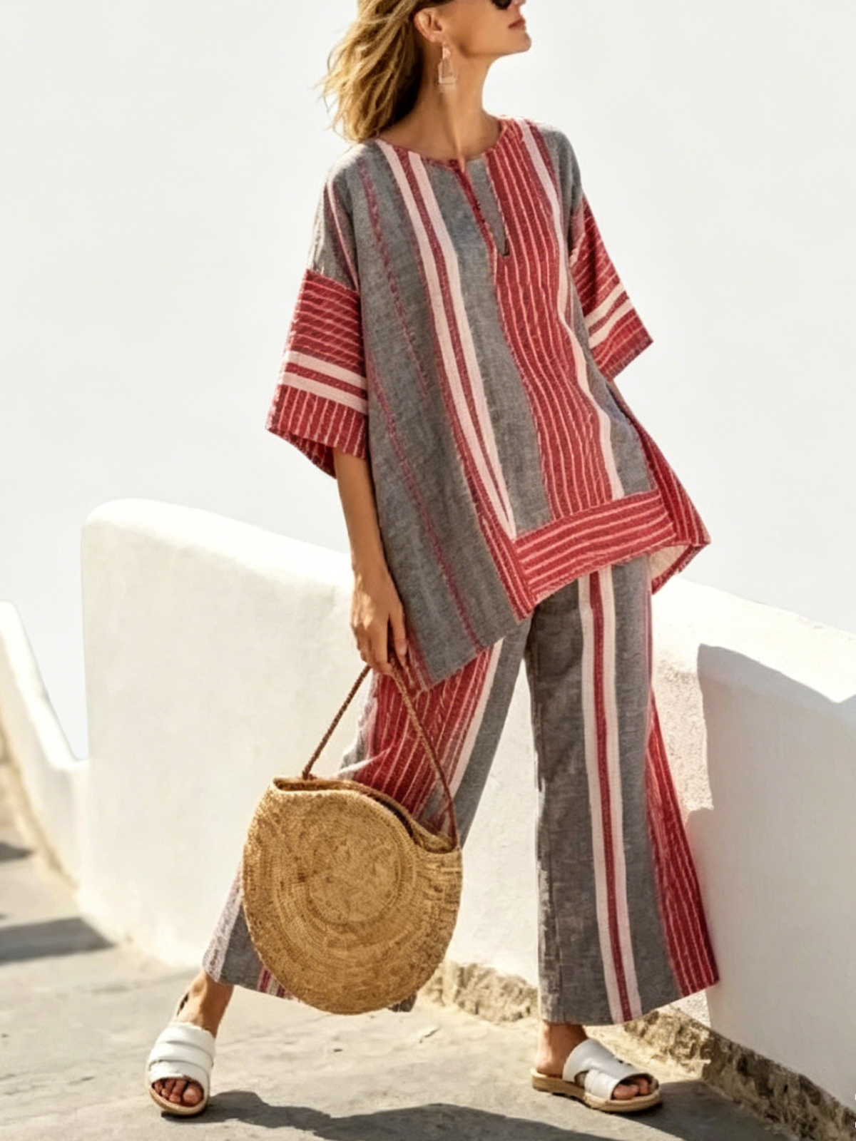 Women's Striped Linen Blend Two-Piece Co-ord Set