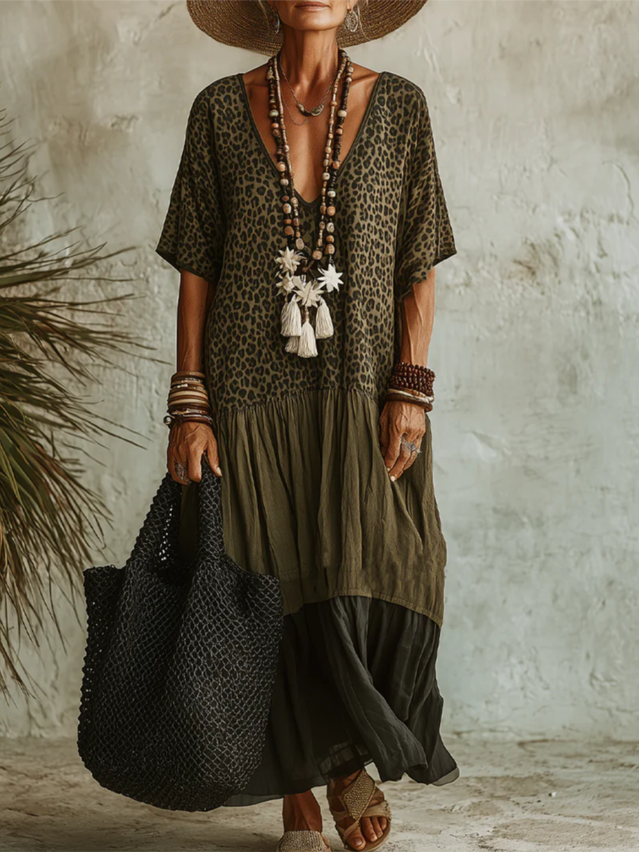 Casual Leopard-print Spliced ​​chiffon & Cotton Dress