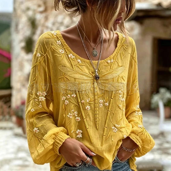 Women's Vintage Boho Floral Print Loose Lantern Sleeve Blouse