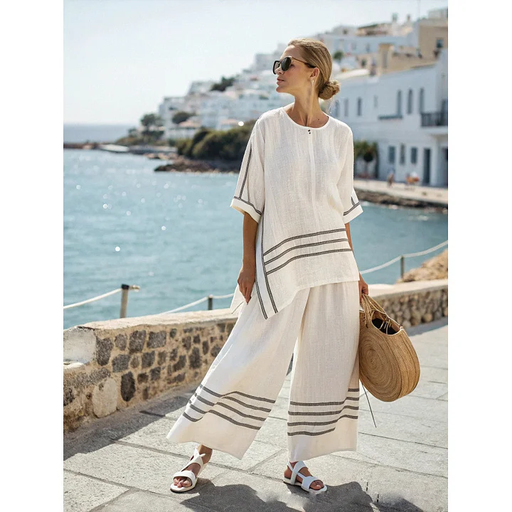Women's Striped Linen Blend Two-Piece Co-ord Set
