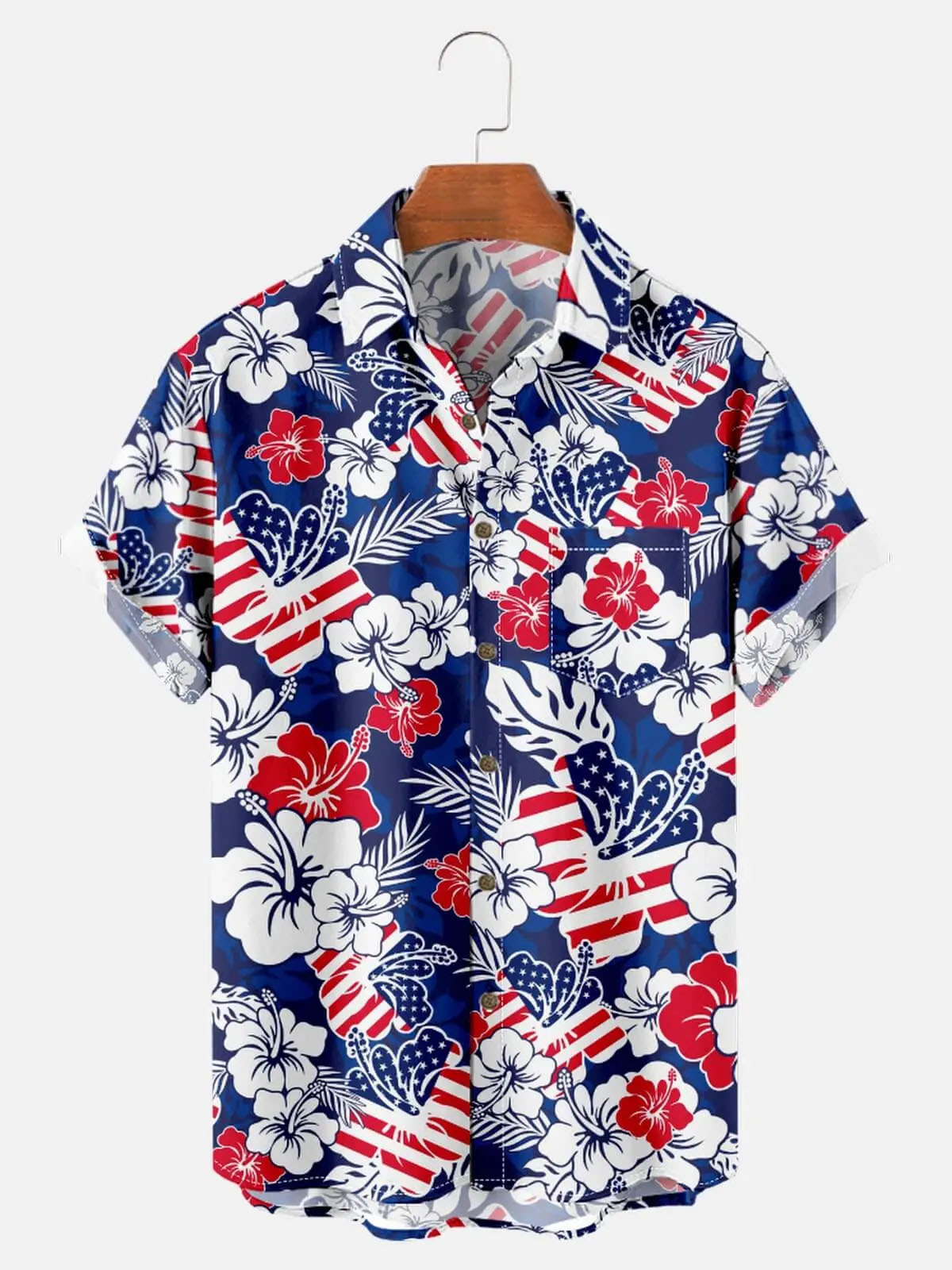 Tall Men's Patriotic Hawaiian Floral Short Sleeve Shirt