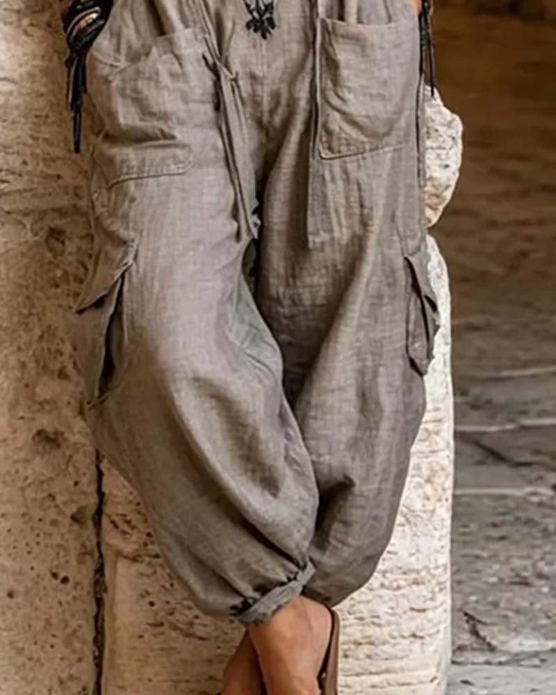 Women's V-neck Sleeveless Wide-leg Jumpsuit — Casual, Loose-fit Cotton-linen Blend With Placement Print