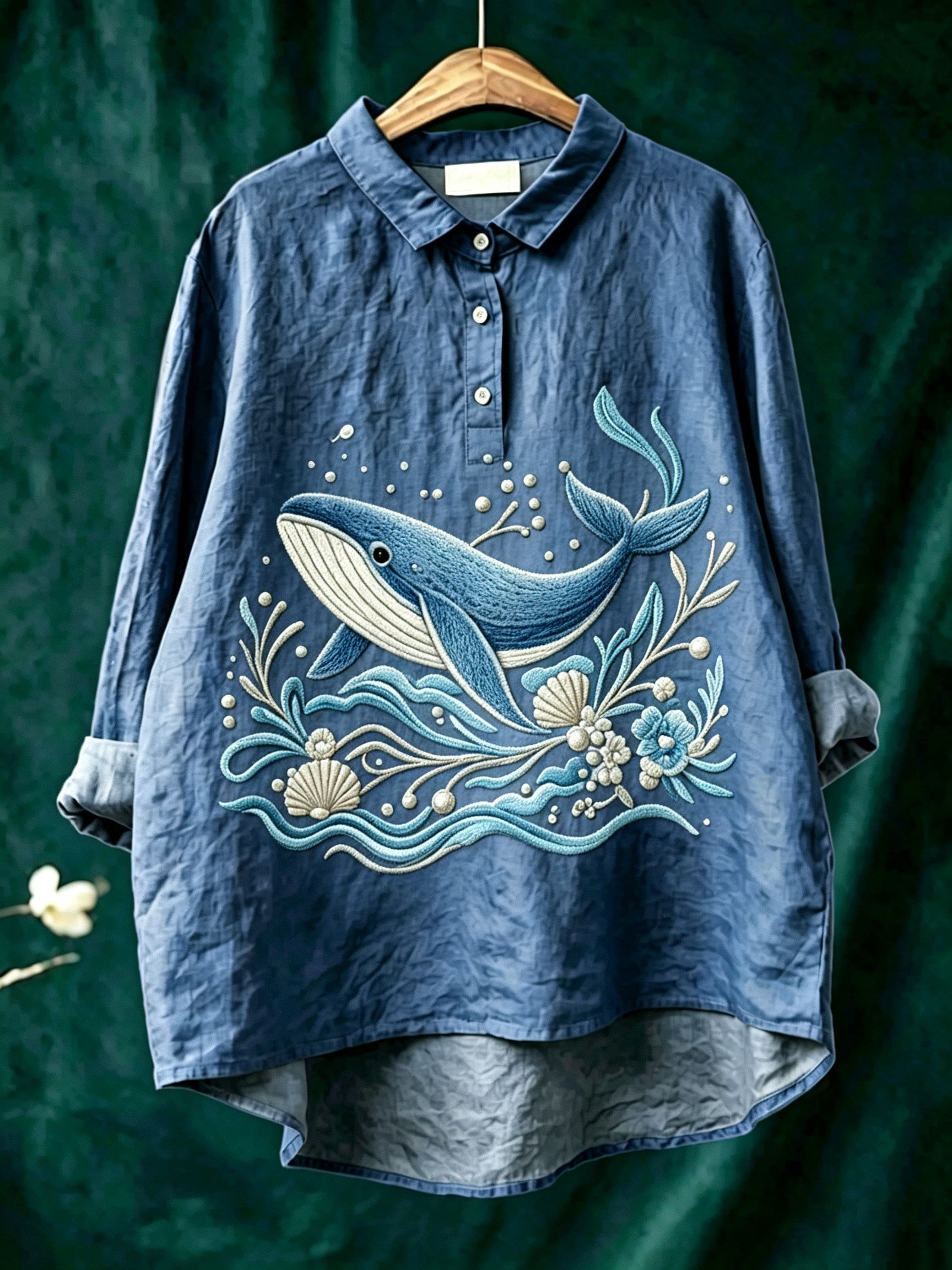 Women's Linen-Blend Shirt with Marine Print – Casual Button-Down Top Featuring Vintage Sea Life Patterns