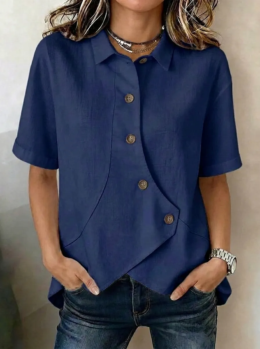 Women's asymmetric linen-blend blouse with button placket