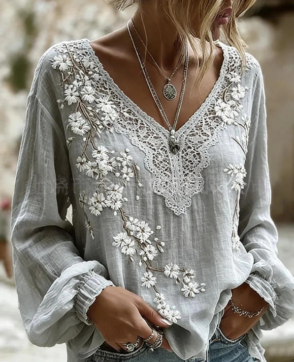 Women's Vintage Boho Floral Print Loose Lantern Sleeve Blouse