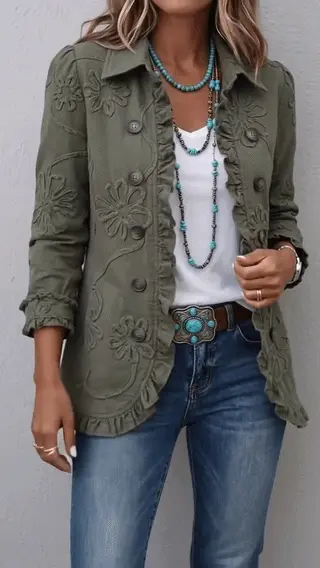 Live motion view of the Vintage Floral Bloom Button Jacket