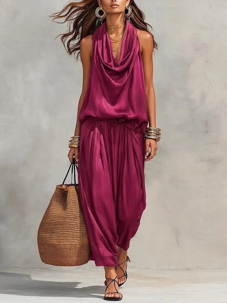 Women's Casual Halter-neck Wide-leg Jumpsuit With Cowl Neck