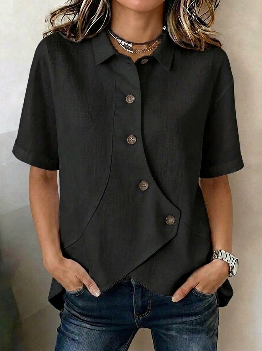 Women's asymmetric linen-blend blouse with button placket