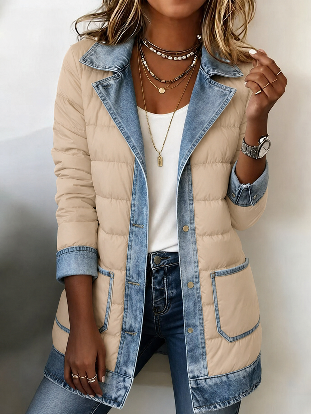 Modern Denim-Spliced Quilted Puffer Jacket
