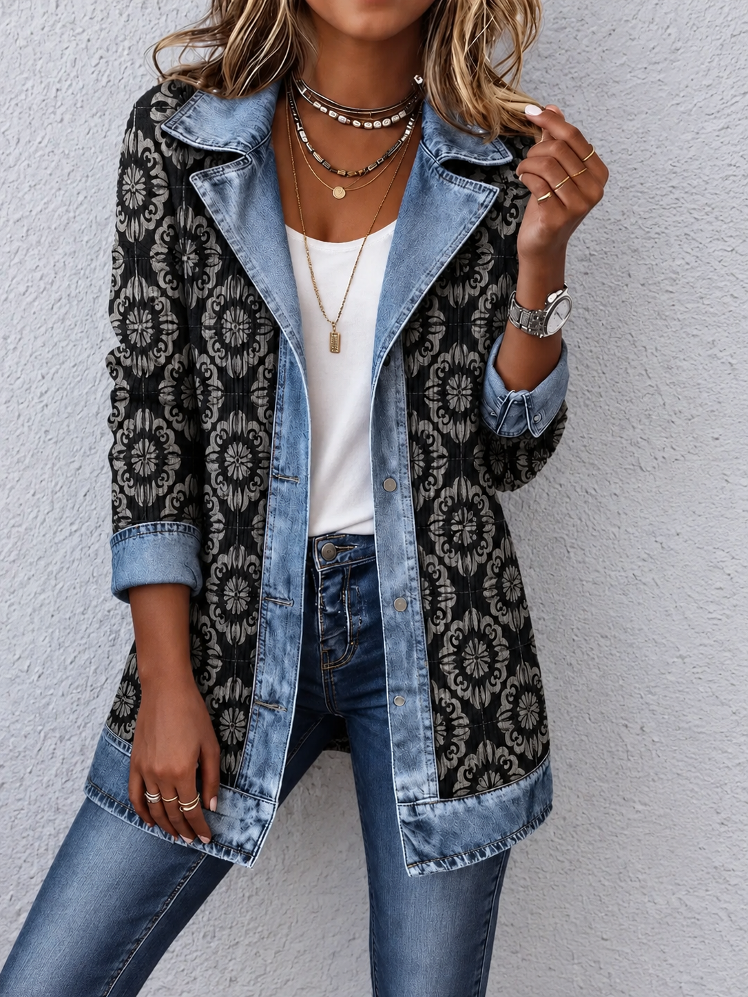 🎉Limited-time 49% off】Elegant mixed-media denim and knit cardigan