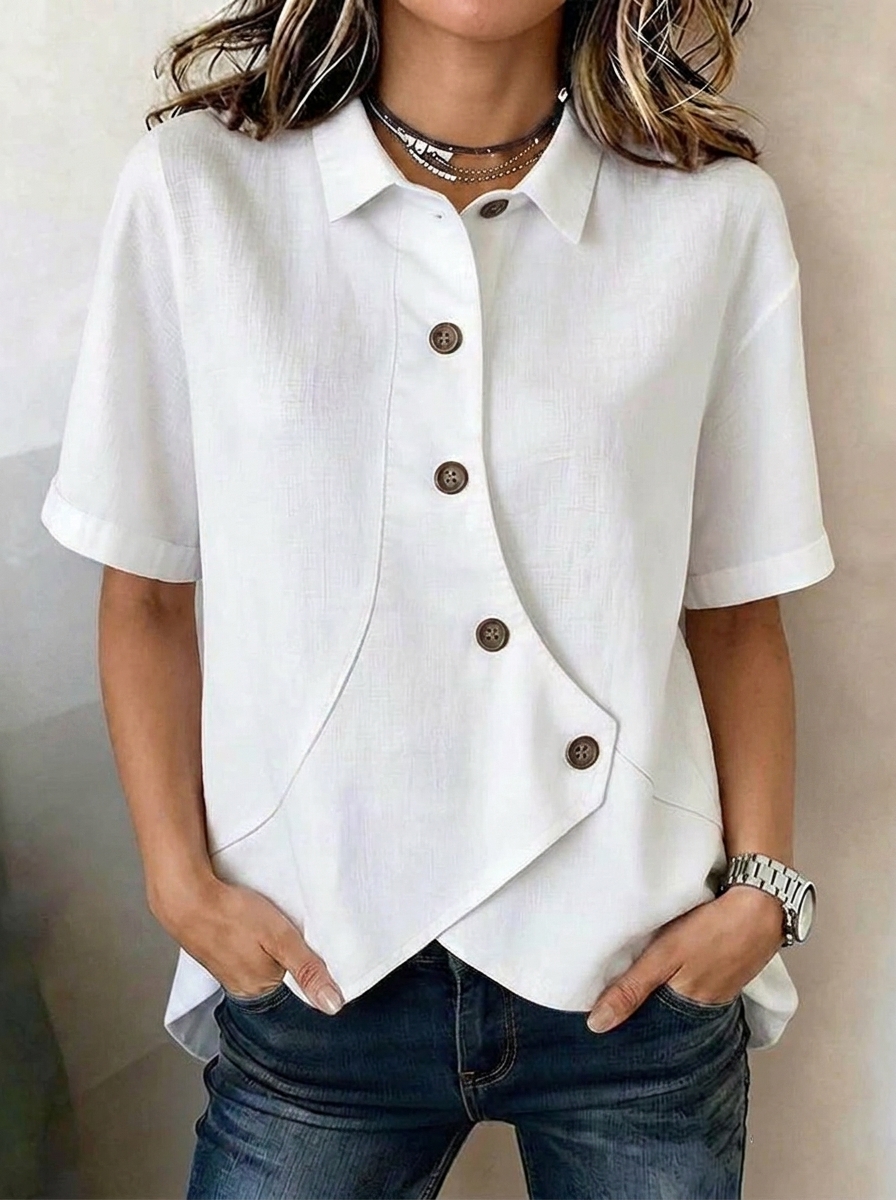 Women's asymmetric linen-blend blouse with button placket