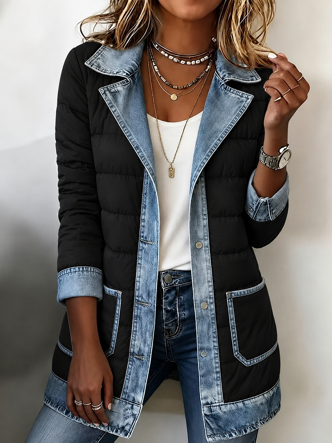 Modern Denim-Spliced Quilted Puffer Jacket