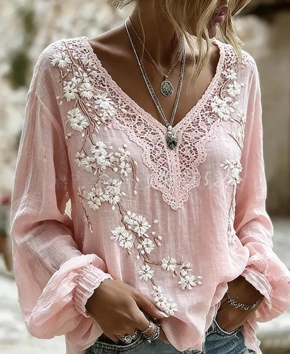 Women's Vintage Boho Floral Print Loose Lantern Sleeve Blouse