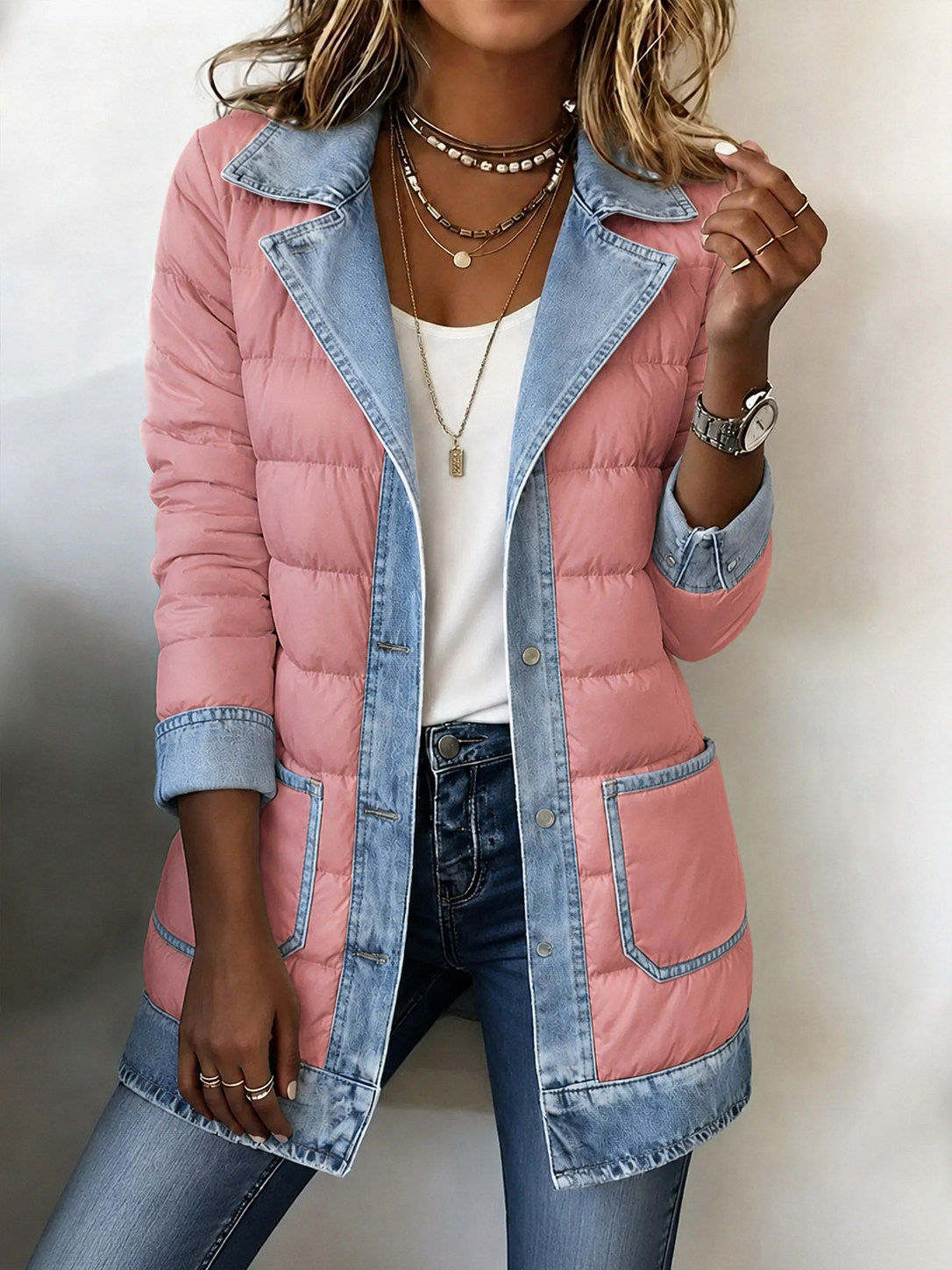 Modern Denim-Spliced Quilted Puffer Jacket