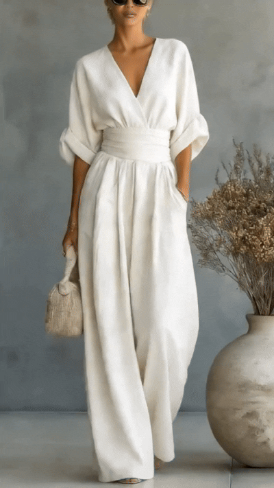 DEEP V-NECK LONG JUMPSUIT WITH 3/4 SLEEVES
