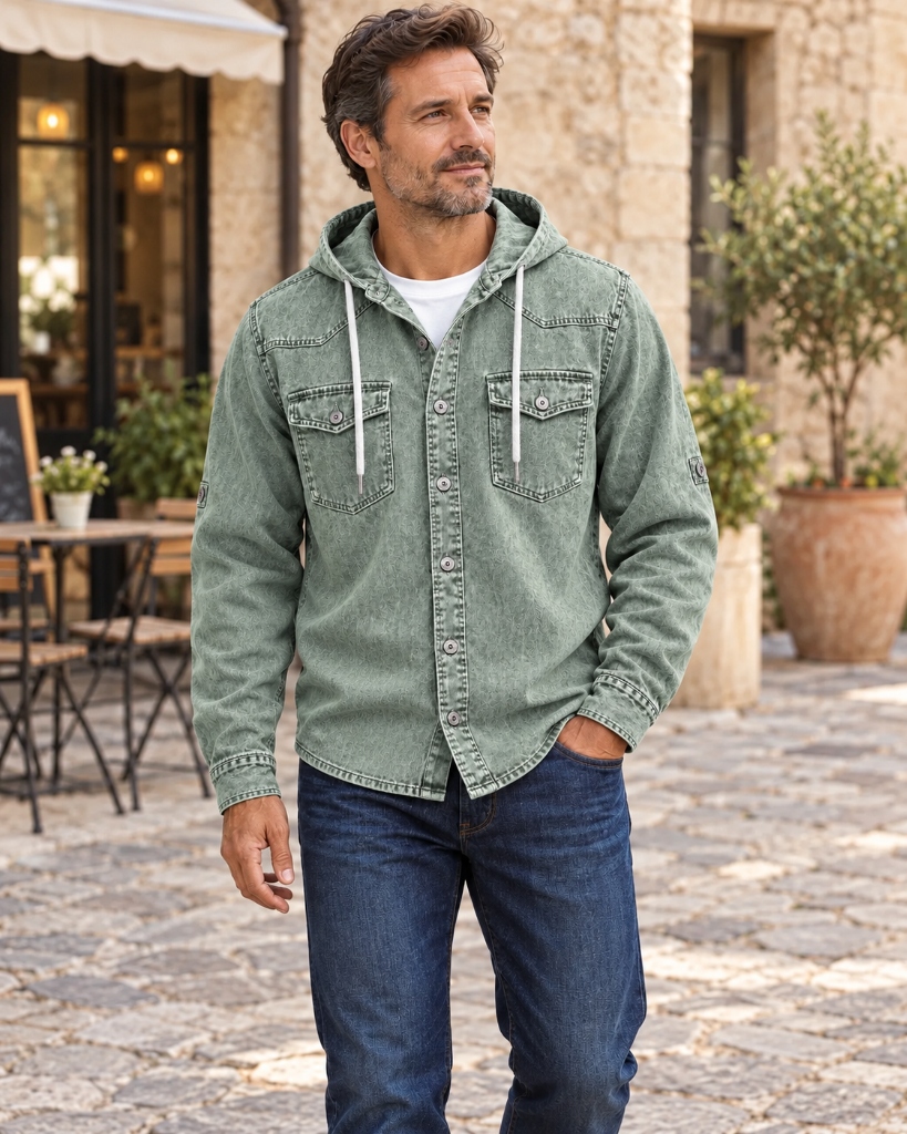 Garrett W. wearing Hooded Denim Shirt