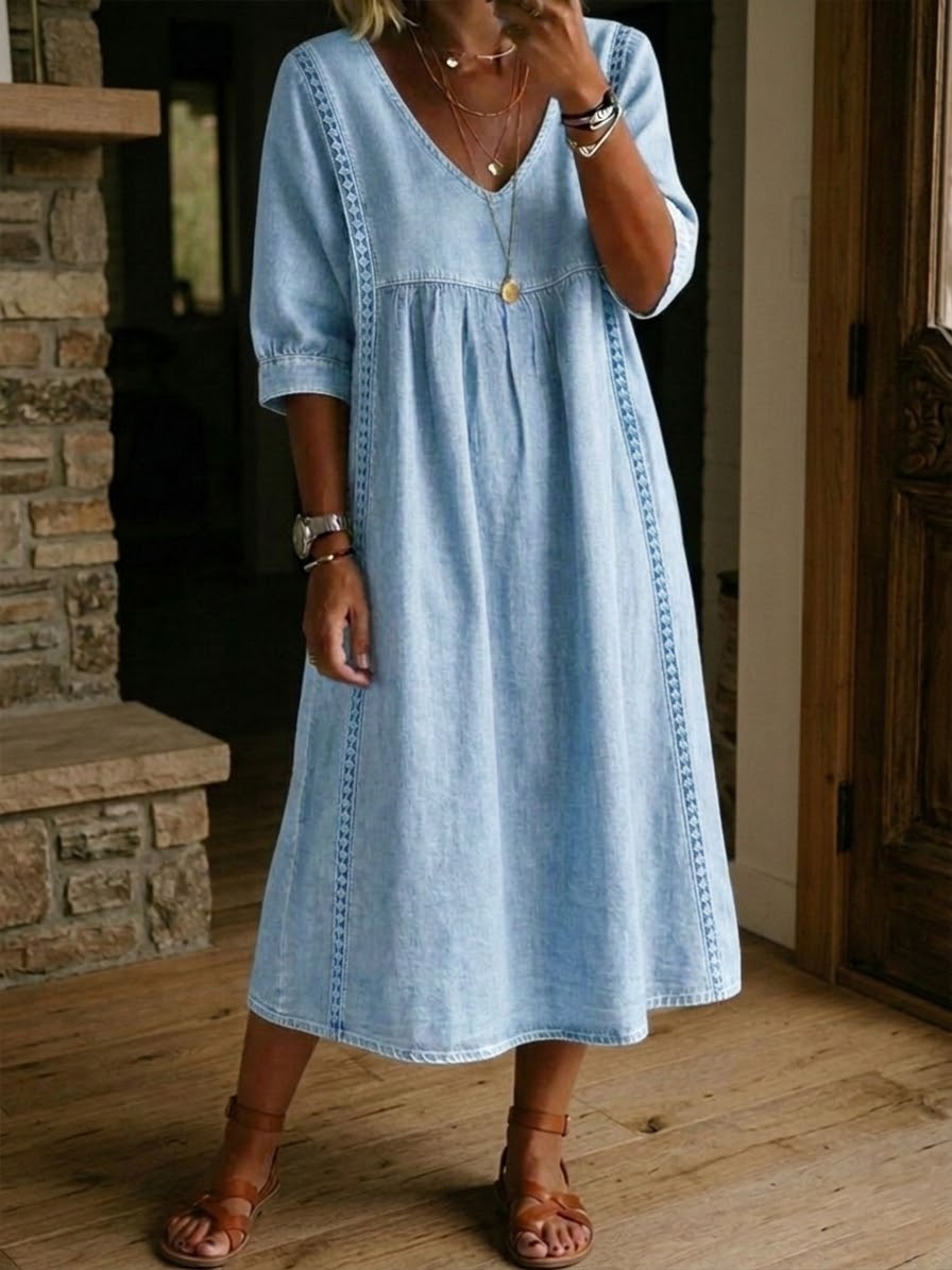 Casual Loose-fitting Denim Dress With Lace Trim