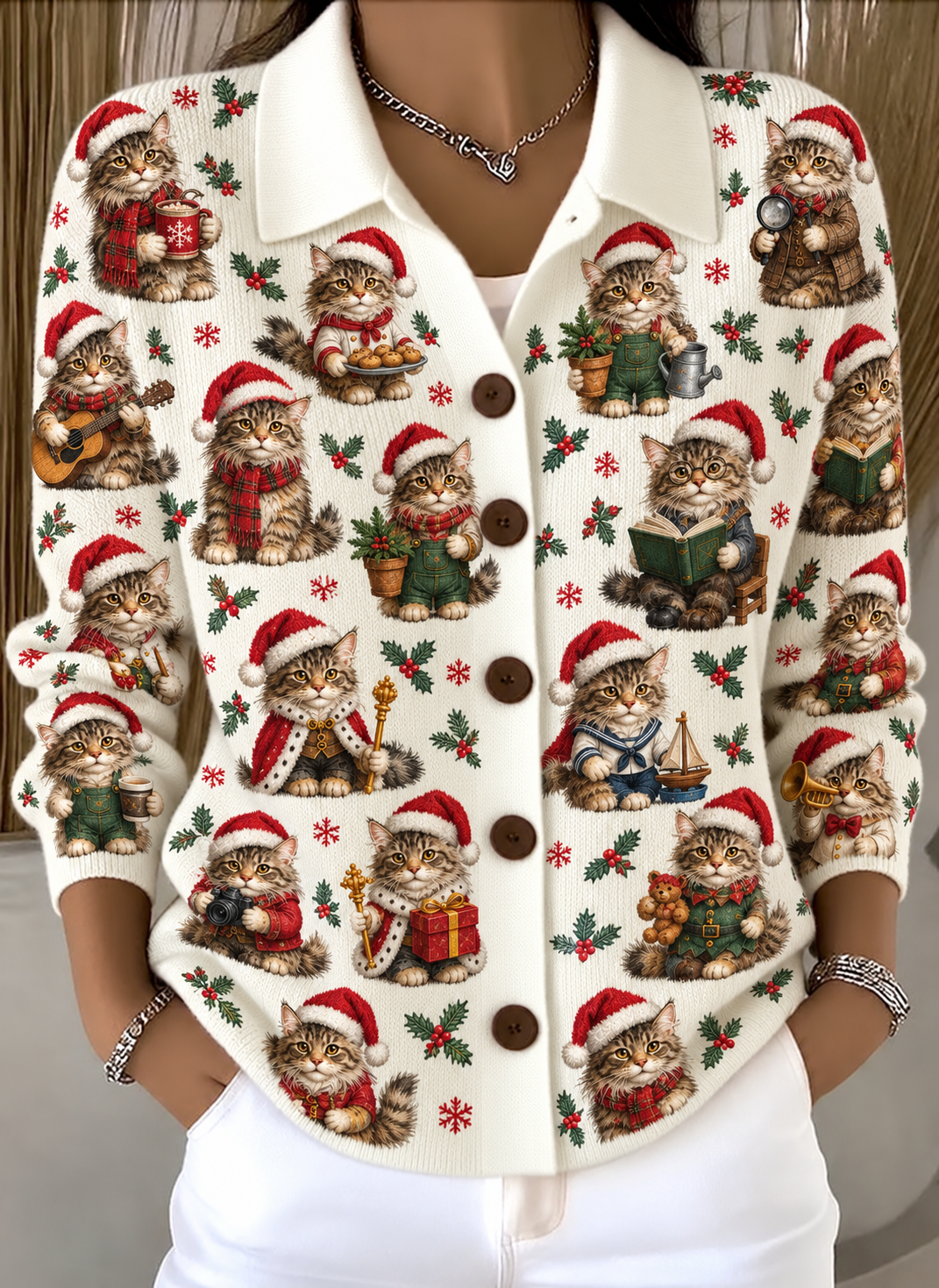 Winter Snow White Christmas Kittens Lapel Cardigan