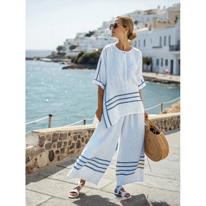 Women's Striped Linen Blend Two-Piece Co-ord Set