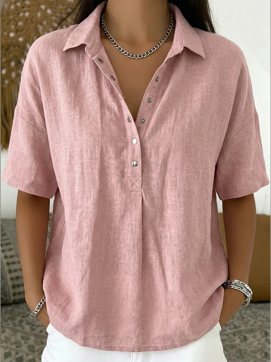 Vintage-Inspired Cotton-Linen Polo Shirt - Soft Textured Casual Top