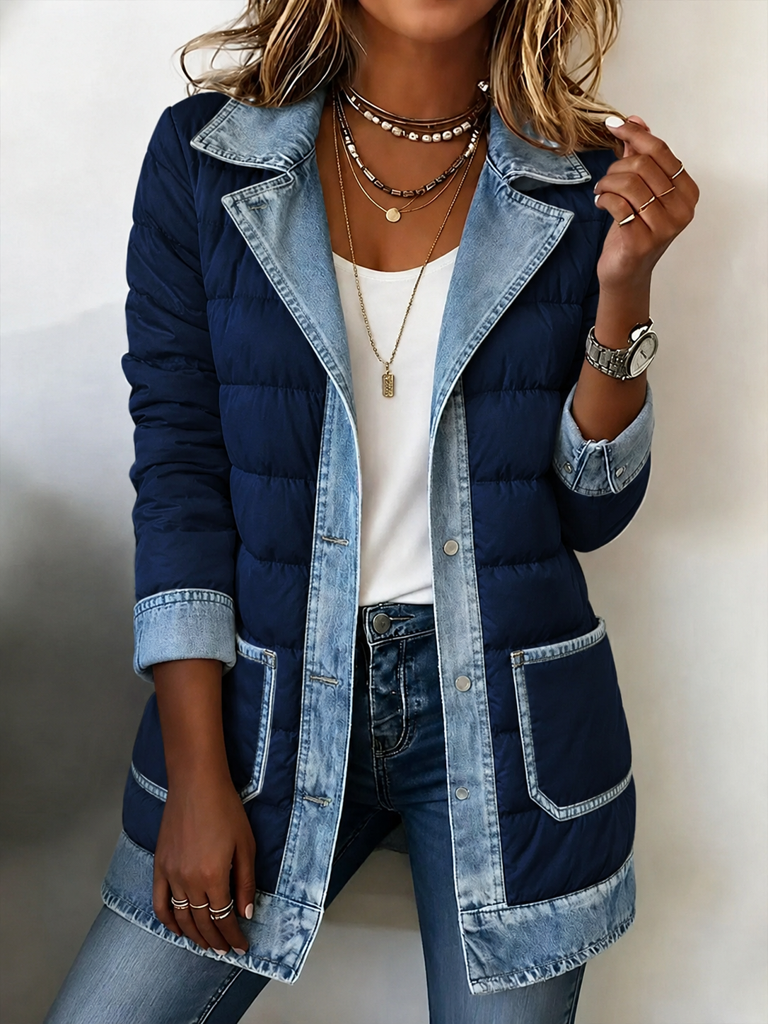 Modern Denim-Spliced Quilted Puffer Jacket